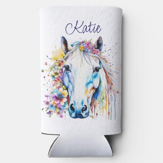白かわいらし馬フローラパーソナライズされた スリム缶クーラー (裏面)