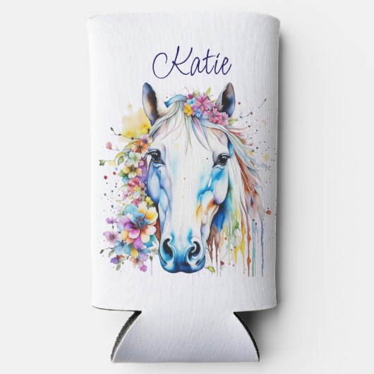白かわいらし馬フローラパーソナライズされた スリム缶クーラー (正面)