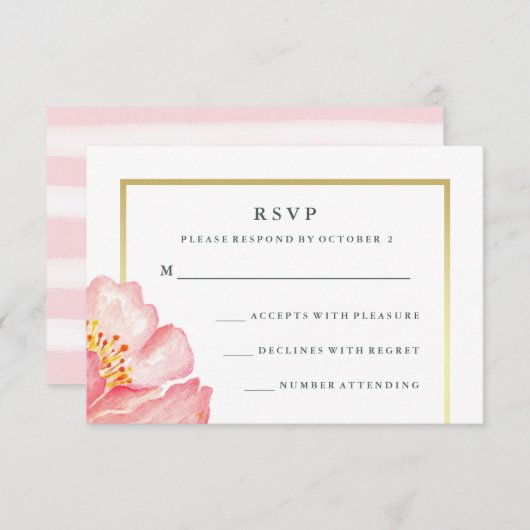 白かわいらしRSVP上のピンクの水色牡丹 出欠カード (正面/裏面)