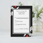 白くおよび赤いダマスク織の結婚式の応答の黒 出欠カード (スタンド正面)