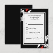 白くおよび赤いダマスク織の結婚式の応答の黒 出欠カード (正面/裏面)