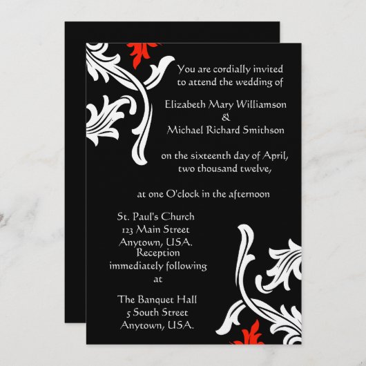 白くおよび赤いダマスク織の結婚式の黒 招待状 (正面/裏面)