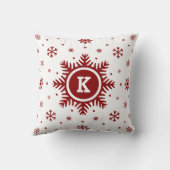 白くおよび赤いモノグラムの休日の雪片の枕 クッション (裏面)