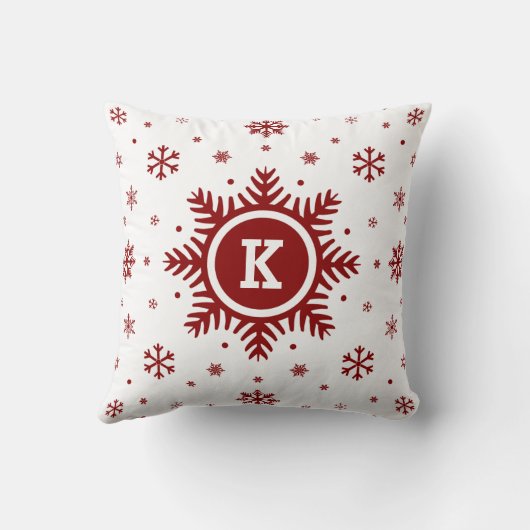 白くおよび赤いモノグラムの休日の雪片の枕 クッション (裏面)