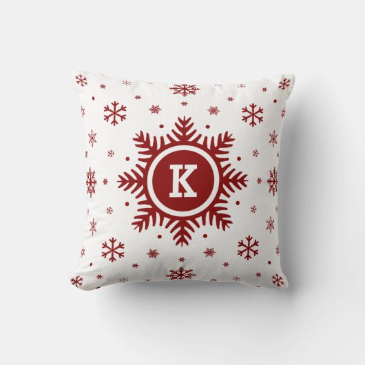 白くおよび赤いモノグラムの休日の雪片の枕 クッション (正面)