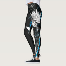白くおよび青の花のLeggins レギンス
