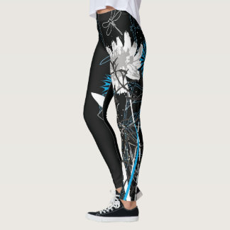 白くおよび青の花のLeggins レギンス