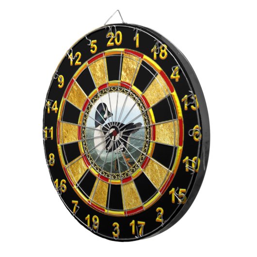 白くおよび黒いマガモは水の水泳を引込めます ダーツボード (正面右)