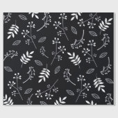 白くおよび黒い植物の花柄の葉の緑の草木 ラッピングペーパー (フラット)