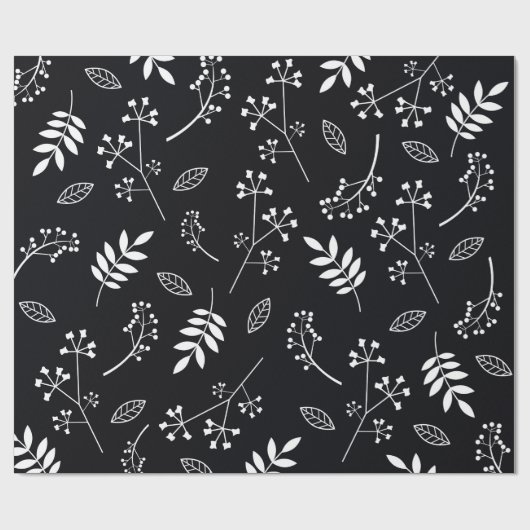 白くおよび黒い植物の花柄の葉の緑の草木 ラッピングペーパー (フラット)