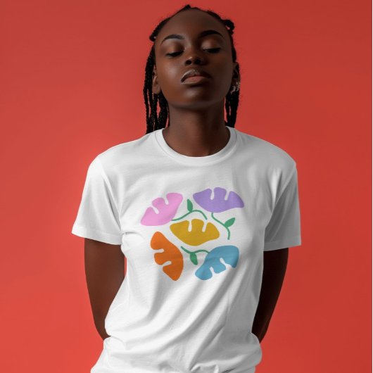 白くて大胆な色の花柄抽象的なトレンディなTシャツ Tシャツ