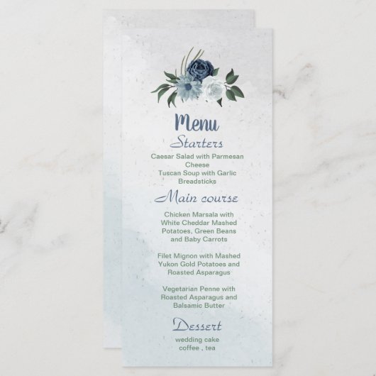 白くほこりっぽい青と海軍の花々緑 メニュー (正面/裏面)