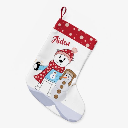 白くまおよび雪だるまの友人の子供のストッキング スモールクリスマスストッキング (正面 (吊り時))