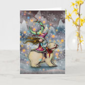 白くまのクリスマスの休日の芸術に乗っている小妖精や小人 カード (黄色い花)