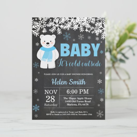 白くまの冬の男の子のベビーシャワーの黒板 招待状 (スタンド正面)