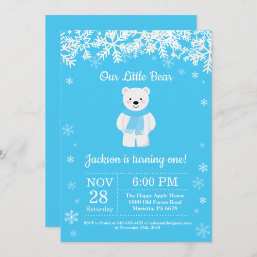白くまの冬の男の子の誕生日の招待状 招待状 (正面/裏面)
