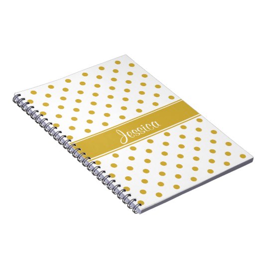 白くシックでパーソナライズな名前の金ゴールドの水玉模様 ノートブック (右側)