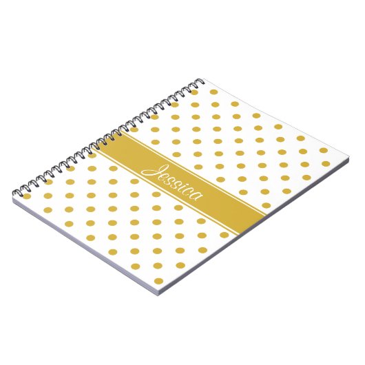 白くシックでパーソナライズな名前の金ゴールドの水玉模様 ノートブック (左側)