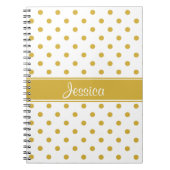 白くシックでパーソナライズな名前の金ゴールドの水玉模様 ノートブック (正面)