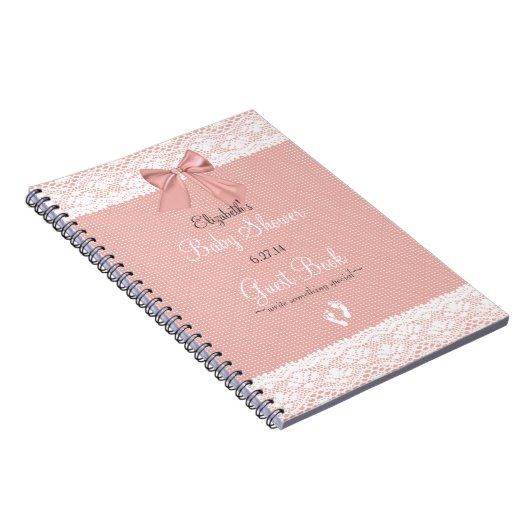 白くフェイクなレースのモモの弓ベビーシャワーの来客名簿 ノートブック (右側)