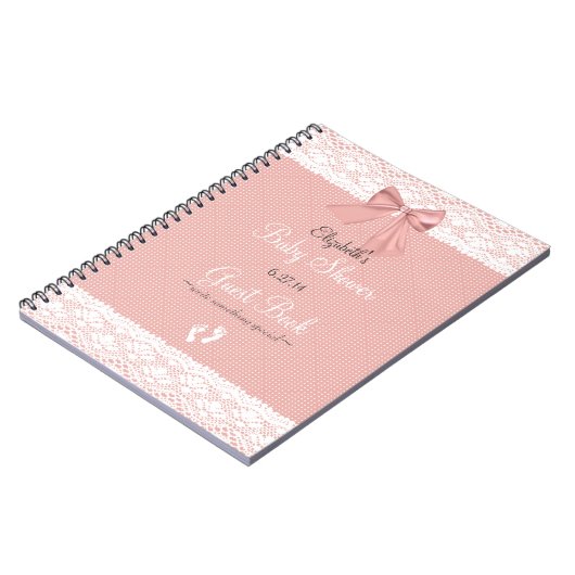 白くフェイクなレースのモモの弓ベビーシャワーの来客名簿 ノートブック (左側)