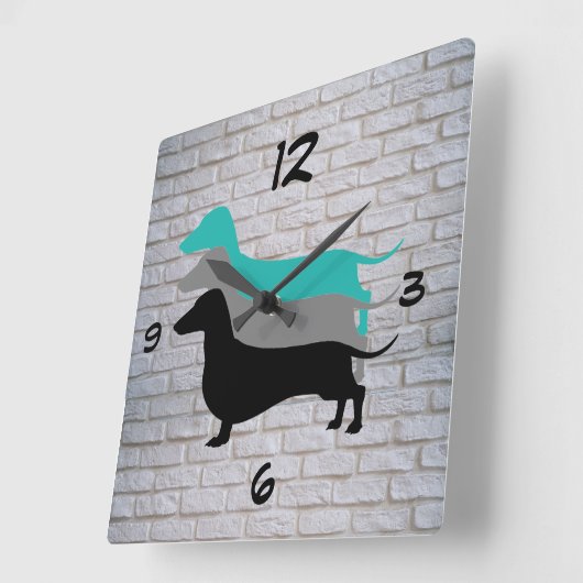 白くフェイクな煉瓦ダックスフントのシルエットの柱時計 スクエア壁時計 (傾斜)