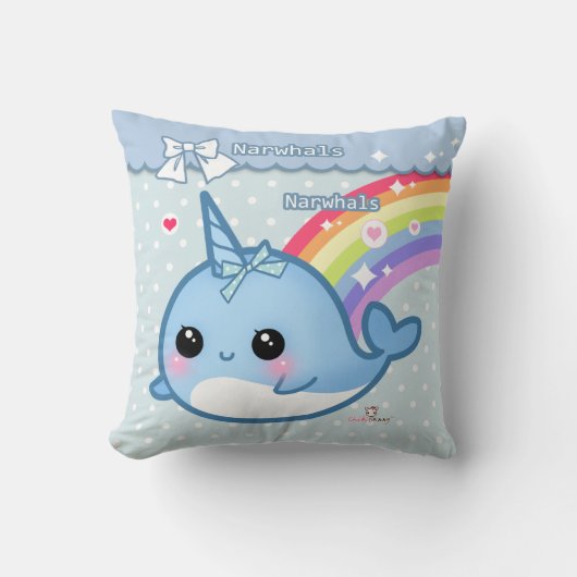 白く及び青の水玉模様でnarwhalかわいい虹 クッション (正面)
