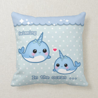 白く及び青の水玉模様でnarwhalかわいい虹 クッション