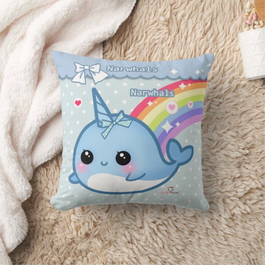 白く及び青の水玉模様でnarwhalかわいい虹 クッション (ブランケット)