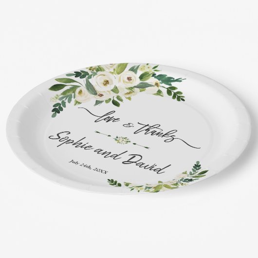 白く咲くフローラの手書き愛感謝していと ペーパープレート (アングル)