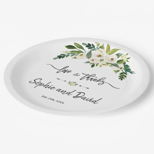 白く咲くフローラの手書き愛感謝していと ペーパープレート (アングル)