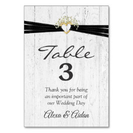 白く塗った木に黒いリボンを付けたハート テーブルナンバー