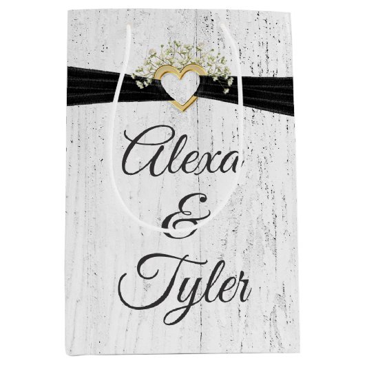 白く塗った木に黒いリボンを付けたハート ミディアムペーパーバッグ (正面)