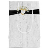 白く塗った木に黒いリボンを付けたハート ミディアムペーパーバッグ (裏面)