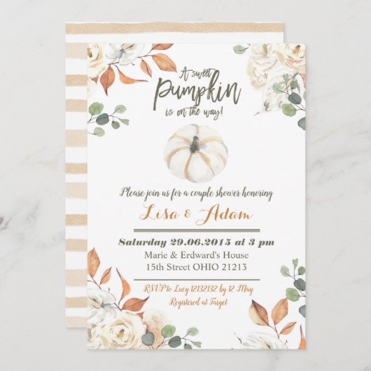 白く小さいカボチャは方法カップルのシャワーにあります 招待状 (正面/裏面)