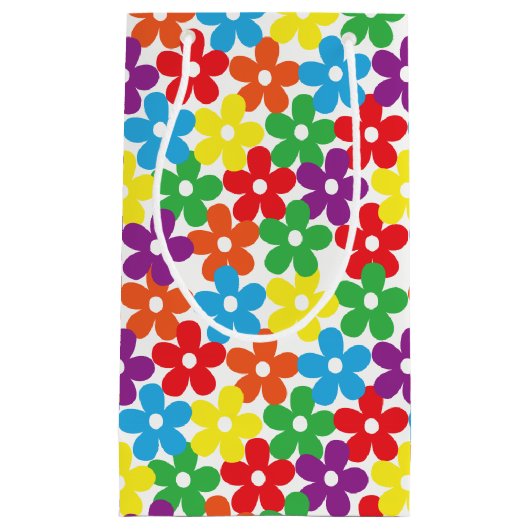 白く小さいギフトバッグのカラフルな花 スモールペーパーバッグ (正面)