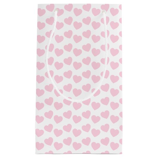 白く小さいギフトバッグの淡いピンクのハートパターン スモールペーパーバッグ (正面)