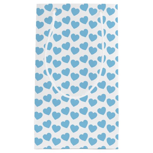 白く小さいギフトバッグの淡いブルーのハートパターン スモールペーパーバッグ (正面)