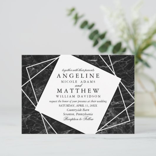 白く幾何学的な結婚式の招待の黒い大理石 招待状 (スタンド正面)