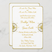 白く航海のな結婚式招待状の金ゴールドのコンパス 招待状 (正面/裏面)