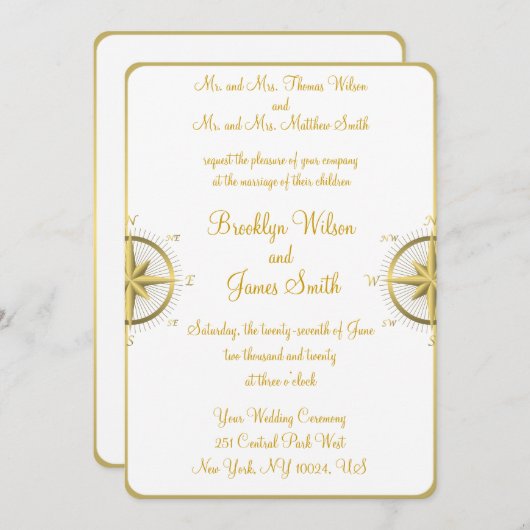 白く航海のな結婚式招待状の金ゴールドのコンパス 招待状 (正面/裏面)