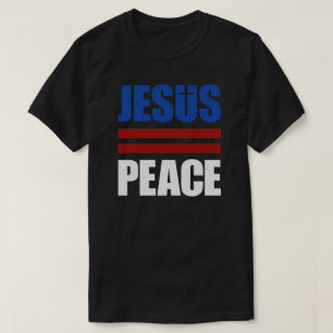 、白く赤い、JESUS=PEACE青のワイシャツ Tシャツ