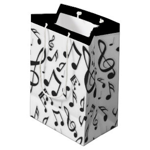 白く黒い音楽ノートパターンプリントのデザイン ミディアムペーパーバッグ