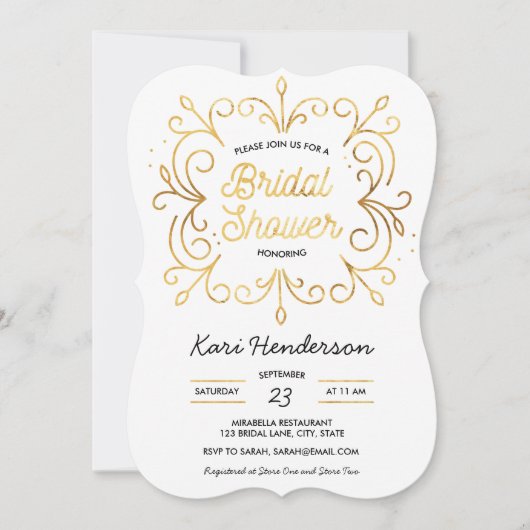 白く黒く、フェイクな金ゴールドのブライダルシャワーの招待状 招待状 (正面)