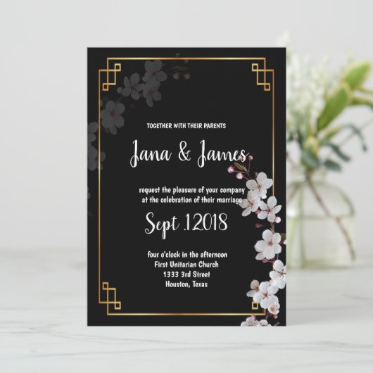 白さくらんぼの花とゴールデン結婚フレーム 招待状 (スタンド正面)