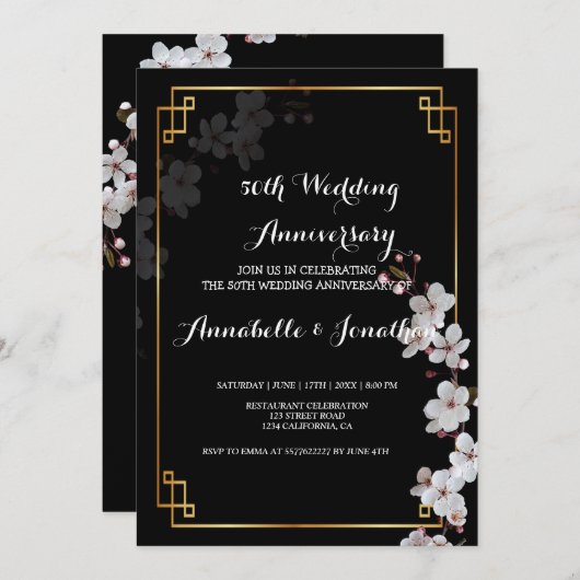 白さくらんぼの花と黄金の記念日 招待状 (正面/裏面)