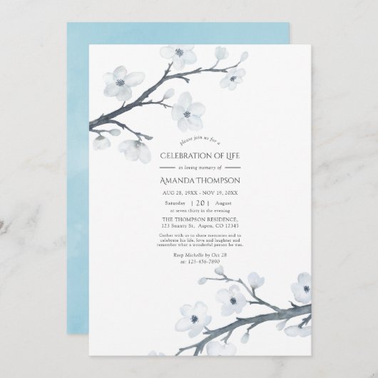 白さくらんぼ花お祝いの写真 招待状 (正面/裏面)