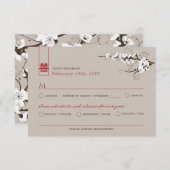 白さくらんぼ花桜渦巻きアジア結婚の 出欠カード (正面/裏面)