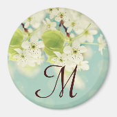 白さくらんぼ花花モノグラムイニシャル磁石 マグネット (正面)