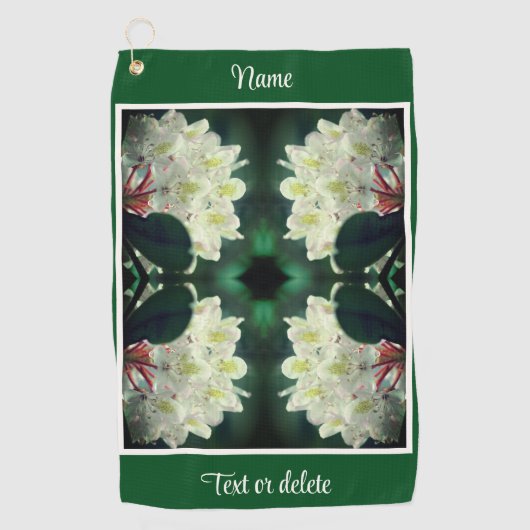 白つつじ花の雨粒パーソナライズされた ゴルフタオル (正面)